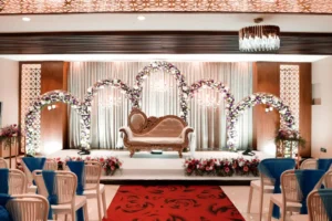 Luxurious silver wedding stage setup with royal seating in Bangalore