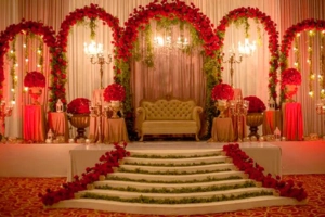 Traditional wedding mandap with red and gold floral arch and royal seating - best Wedding Event Organisers in Malleshwaram